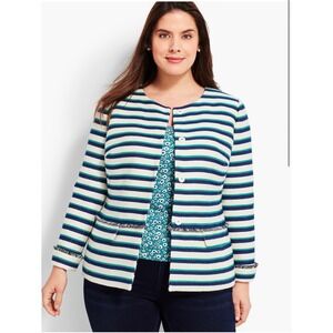 TALBOTS Stripe Fringe Jacket Blazer Plus Size 24W Navy‎ Teal White NEW Career